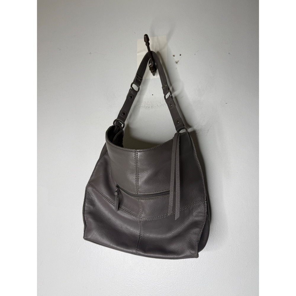 The Sak Gray Pebbled Leather Hobo Bag Studded Tassel Shoulder Purse
